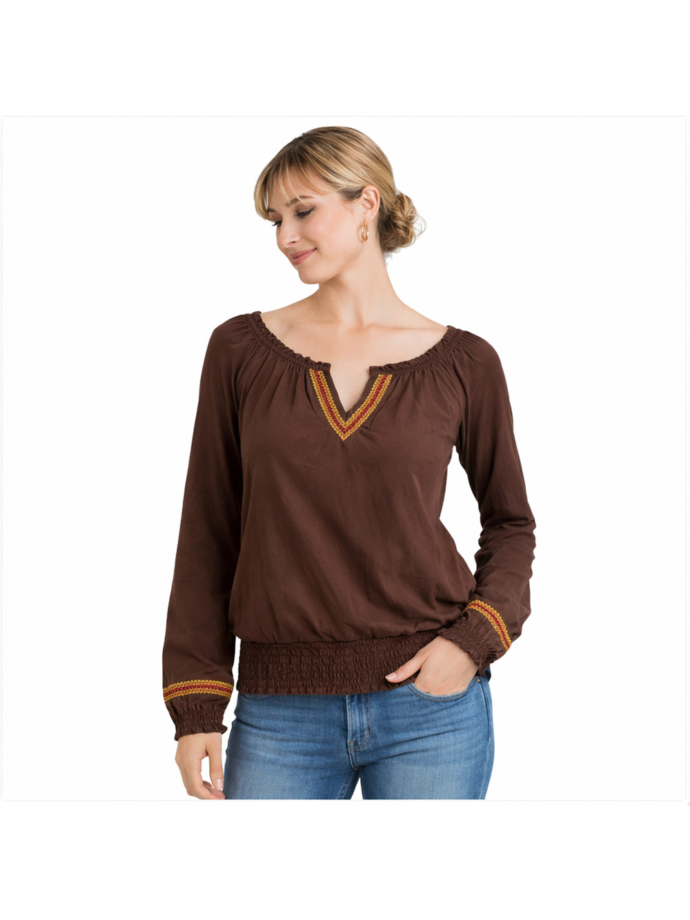 Miley Cyrus Max Azria Peasant Blouse Womens L Brown Boho Embroidered Smocked Hem